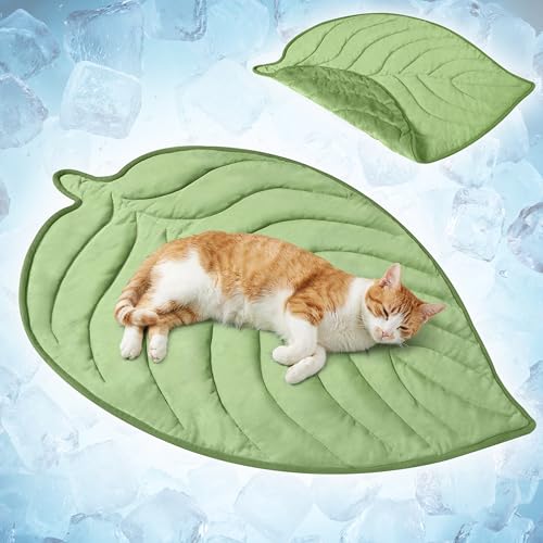 PetAmi Dog Cooling Mat, Leaf Shape, Pet Pad with Cooling Nylon & Soft Fleece, Q-Max > 0.4 Reversible All Season Blanket for Dogs & Cats, Small 32x39 in, Sage Green - color: Sage Green, size: Small
