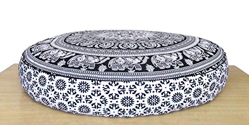 ICC Large Hippie Mandala Round Floor Pillow Cover Ottoman Pouf Cover Daybed Oversized Cotton Cushion Cover with Heavy Duty Zipper Seating Ottoman Poufs Dog-Pets Bed Black & White Flower 35" Round - color: Black & White Flower, size: 35" x 35" (Pack of 1)