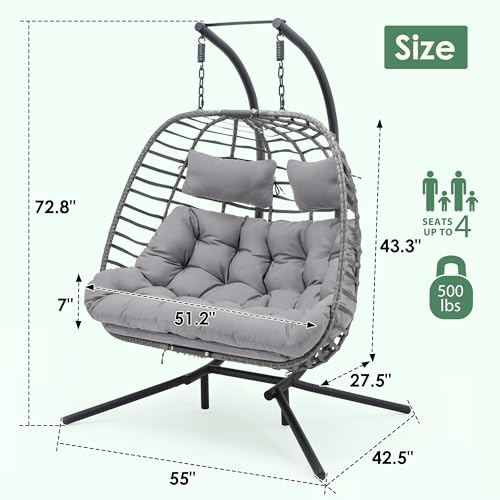 2 Person Hanging Egg Chair with Stand for Outdoor, Patio Hand Made Rattan Wicker Double Egg Swing Chairs Hammock Chair with UV Resistant Cushion and Metal Frame, Porch Swing Loveseat for Backyard - color: Light Grey