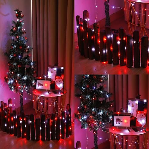 YEGUO 4 Pack Red and White Solar Fairy Lights, Each 33ft 100 LED Christmas Lights Outdoor Waterproof, 8 Modes Sliver Wire Solar String Lights - color: Red and White