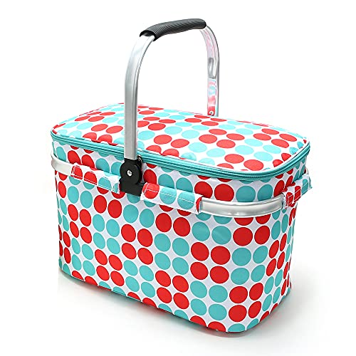 Insulated Picnic Basket 26L Portable Collapsible Market Leakproof Tote with Aluminum Handle for Camping, Shopping, Travel, Large Size (Polka Dot) - color: Polka Dot