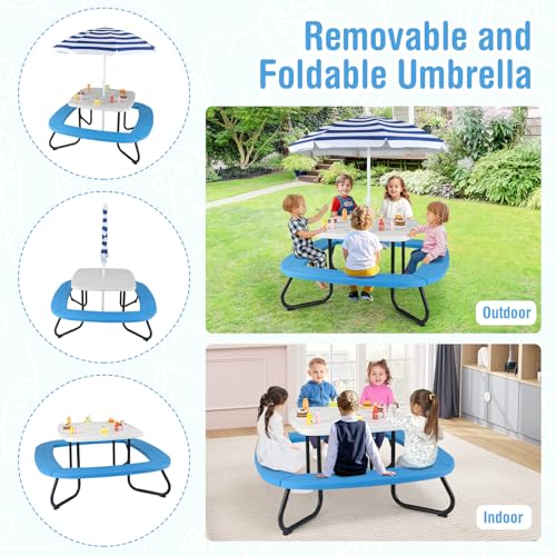 HONEY JOY Kids Picnic Table, 8 Person Toddler Outdoor Table and Chair Set, 4 Built-in Benches, Removable Umbrella, Metal Frame & HDPE Top, Children Outdoor Furniture for Backyard Patio Garden (Blue) - color: Blue