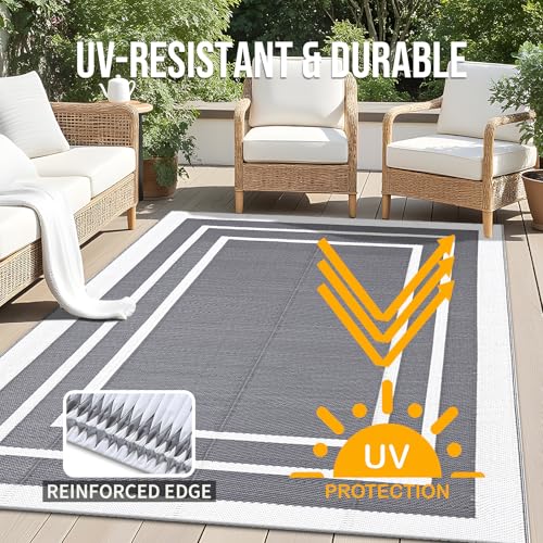 OLANLY Outdoor Rug 5x8 ft Waterproof, Reversible Outdoor Plastic Straw Rug, RV Mat, Indoor Outdoor Carpet Clearance for Patio, Camping, Balcony, Deck, Backyard, Grey & White - color: Grey & White, size: 5' X 8' (Rectangular)