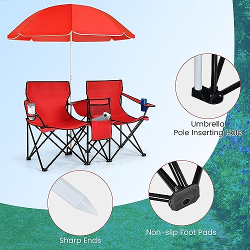 Double Camping Chair, 2-Person Portable Beach Chair w/Removable Umbrella, Cup Holders & Carrying Bag, Folding Loveseat Chairs for Adults Outdoor Picnic (Red) - color: Red