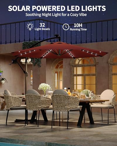 Jojoka 10FT Cantilever Patio Umbrella with Solar LED Lights - Offset Outdoor Umbrella - Easy Lift & Tilt - UV Protection - Fade Resistant - Ideal for Deck, Pool, Garden - color: Wine Red
