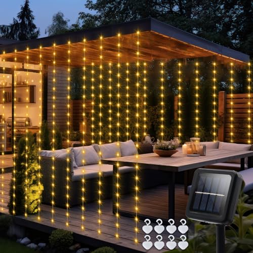 echosari Solar Curtain Lights 7.9ft x 6ft 144 LED Outdoor Curtain Lights Waterproof with Timer 8 Modes for Christmas Garden Patio Fence Wedding Wall Window Gazebo Decor - Warm White - color: Warm White