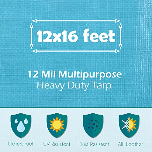 Tarps Heavy Duty Waterproof 12x16-12 mil Thick Camping Tent - Blue Tarp 12x16 UV Resistant, Rip & Tear Proof with Metal Grommets – Multipurpose Use for Camping, Tent, Boat, RV, Car, & Pool Cover - size: 12'x16'
