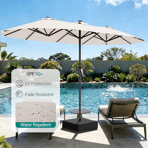 AreShark 15FT Patio Umbrella with Solar Lights, Double Sided Outdoor Table Umbrellas with Crank, Large Rectangular Market Umbrella for Porch, Lawn, Pool, Backyard, Cream-White - color: Cream-White, size: 9x15 Ft