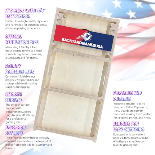 CornholeGamesUSA Pro Cornhole Boards Set | Made in USA | 3/4 Baltic Birch | No Bounce | Triple Thick Legs | Two Brace & Handles, Tournament 2x4 Regulation Set with Score Tower & Cornhole Bags - color: Cross Flag Hand