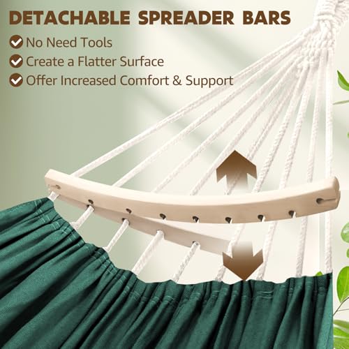 Chihee Cotton Hammock Holds Up to 660lbs Fabric Hammock 8.9x4.9ft Soft Portable Tree Hammocks Camping with Detachable Spreader Bar Pillow 2 Strong Webbings 2 Carabiners Indoor Outdoor Backyard Garden - color: Dark Green, size: 270x150cm