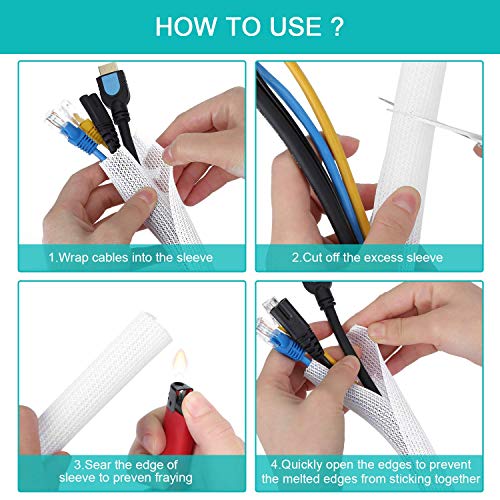 6.6ft - 4/5 inch White Cable Sleeve, Cable Organizer for Desk PC TV Computer, Wire Protector Cable Wrap Cover, Cord Management for Home Office - color: White, size: 6.6ft, 4/5''