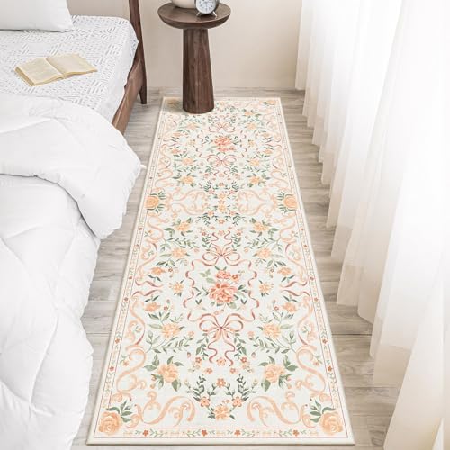 Washable Non-Slip Runner Rugs 2X6, Orange Rug Boho Farmhouse Bow Floral Area Rug for Hallway Kitchen Bedroom Beside Laundry Room Bathroom Rug, Low Pile Stain Resistant Soft Floor Carpet - color: Aa#orange (Bow Floral), size: 2' x 6' (Rectangular)