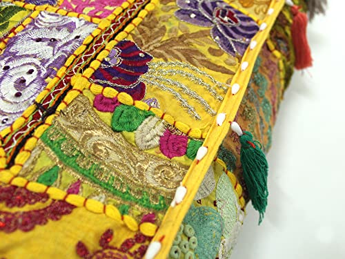 Mam Treasures Indian Bohemian Decorative Pillow Vintage Cushion Cover Patchwork Square Floor Pillow Cover Meditation Cushion Large Floor Pillow Indian Cushion (Yellow, 16 X 16 X 5 Inch) - color: Yellow, size: 16" x 16" (Pack of 1)