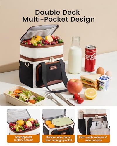 LOVEVOOK Insulated Lunch Bag For Women Men,Expandable Double Deck Lunch Box With Large Cup Holder,Leakproof Cooler Bag For Adult Lunch Tote Bag Work Picnic Beach with Adjustable Shoulder Strap Gift - color: Black with Leather, size: X Large —22l