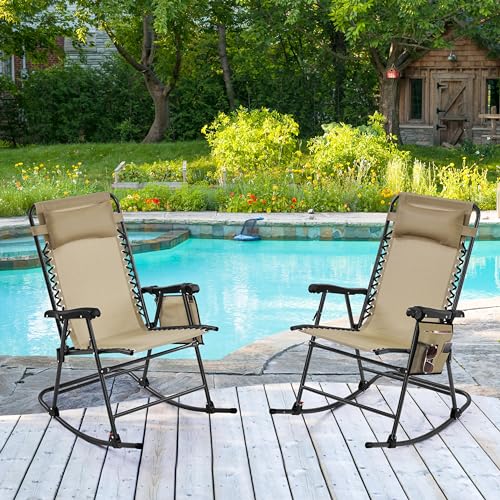 Yaheetech 26in Rocking Chair Outdoor Zero Gravity Folding Chairs Rocking Chairs Foldable Outdoor Lounge Chair for Outside Lawn with Cupholder/Pillow Ergonomic Design for Rest, Set of 2 - color: Beige, size: 2 Pcs