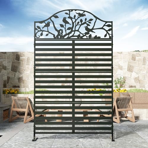 Metal Outdoor Privacy Screen, Decorative Privacy Panel with Tree Bird Design, Weatherproof Freestanding Modern Privacy Fence Divider for Patio, Deck, Backyard, Porch & Balcony (1, Black) - color: Black