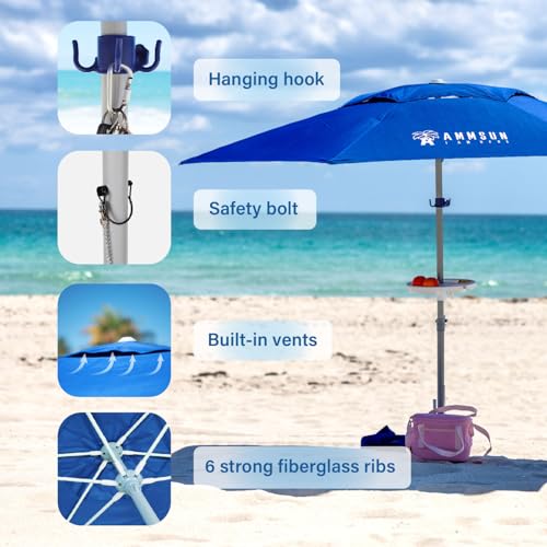 AMMSUN 8ft Large Beach Umbrellas for Sand Heavy Huty Wind Portable Commercial Grade Patio Beach Umbrella with Sand Anchor Adjustable Height Air Vent UPF 50+ Telescoping Pole without tilt Dark Blue - color: Dark Blue
