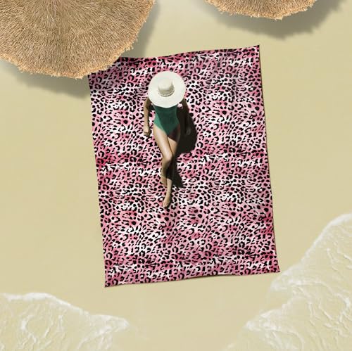 Sunlit Large Cheetah Beach Blanket Waterproof Sand Proof, 81" x106" Sand Free Beach Mat with Corner Pockets and Storage Bag, for Travel Beach Camping Outdoor Festival, Black Pink Leopard - color: Black Pink