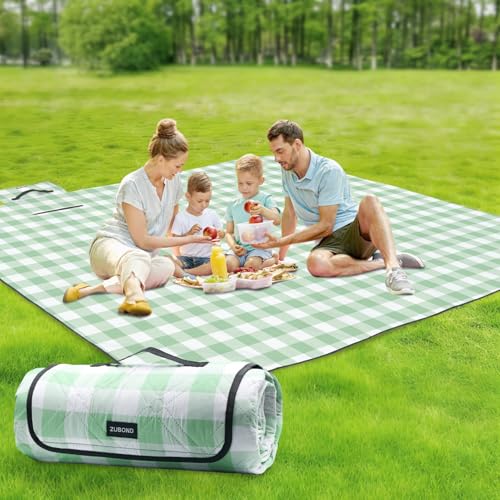 ZUBOND Large Picnic Blanket Outdoor Picnic Mat Waterproof Foldable 80''x80'', Beach Blanket Sandproof for LawnPark, Grass, Travel, Hiking, Camping Essentials, Vintage Gingham Picnic Blanket - color: Green White, size: 80 x 80 Inch