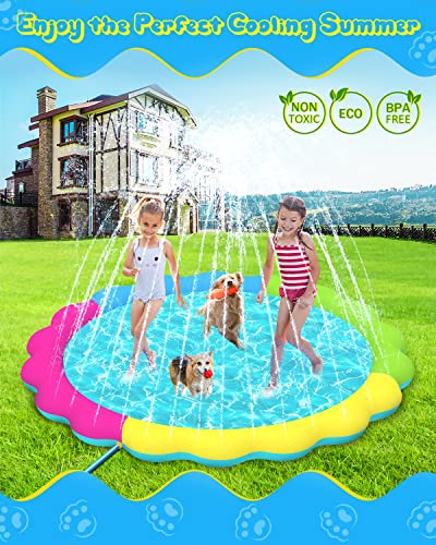 Raxurt Dog Splash Pad, 75in Anti-Slip Dog Pool Splash Pad for Dogs Kids 0.55mm Thickened Durable Bath Pool Pet Summer Outdoor Water Toys Backyard Fountain Play Mat, Colorful - color: Colorful, size: 75in