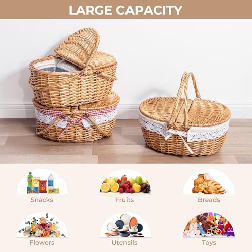GRANNY SAYS Picnic Basket, Wicker Basket with Lid, Woven Cute Basket with Handle, Storage Basket with Washable Lining & Dual-Flid Lid, Natural Willow Picnic Hamper, Red Lining - color: Red