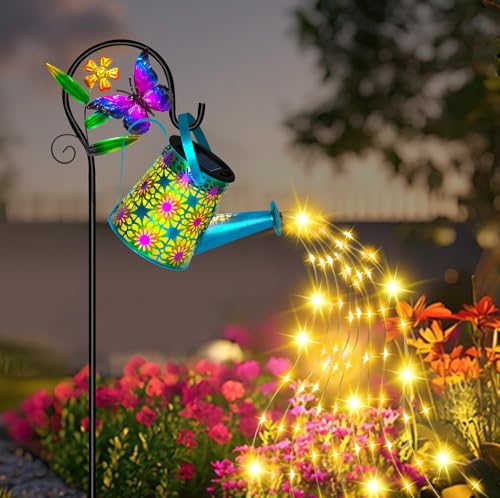 Solar Watering Can with Lights, Waterproof Solar Lantern with Butterfly Shepherd Hook, Hanging Garden Lights for Patio Yard Lawn Porch Outdoor Decoration 2 Pack - color: Blue Butterfly, size: 2 Pack