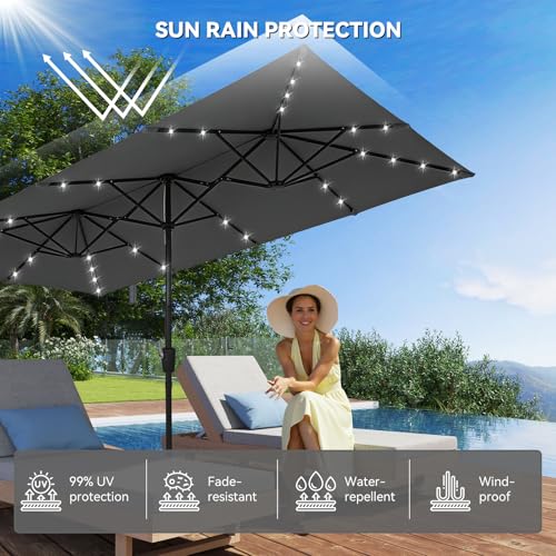 15×15ft Outdoor Patio Umbrella, Double Sided Market Rectangle Umbrella with Crank Handle, Large Sun Shade for Outside Deck, Backyard, Garden - color: Gray with LED lights