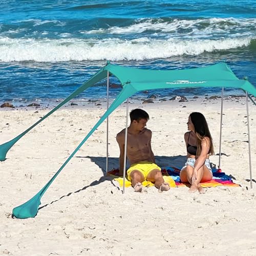 SUN NINJA Beach Tent Sun Shelter UPF50+ - Easy Pop Up Beach Canopy - Outdoor Shade for Camping Trips, Fishing, Backyard Fun Picnics - Sand Shovel, Ground Pegs & Stability Poles - color: Green, size: 5x5 Ft 4 Pole