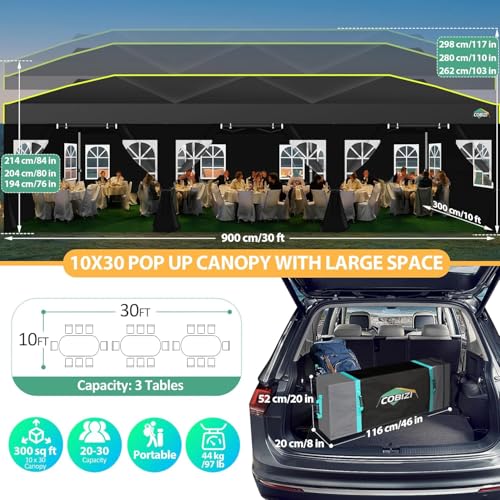 COBIZI 10x30 Pop Up Canopy with Sidewalls, One Push Easy Up Canopy UPF 50+ Waterproof Gazebo Party Tents for Parties, Backyard, Commercial Event, Black - color: Black(1-year warranty), size: 10x30