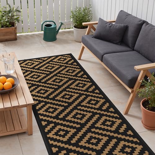 sarben Outdoor Rug for Patio - Waterproof Plastic Straw Camping Rugs 2.5x8 ft, Reversible Outdoor Indoor RV Mat Carpet for Patio, Porch, Deck, Balcony, Picnic, Beach, Black Brown - color: Black&brown, size: 2'6" x 8' (Rectangular)