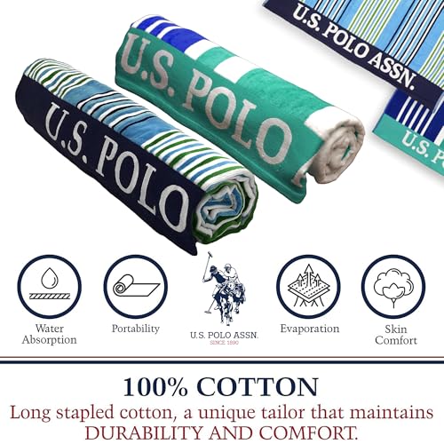 U.S. Polo Assn. 2-Pack Luxury Plush Cotton Oversized (40" x 70") Beach Towels, Striped Nautical Design, Hotel Quality for Bath & Pool- Blue/Green - color: Blue/Green 2, size: 40" x 70"