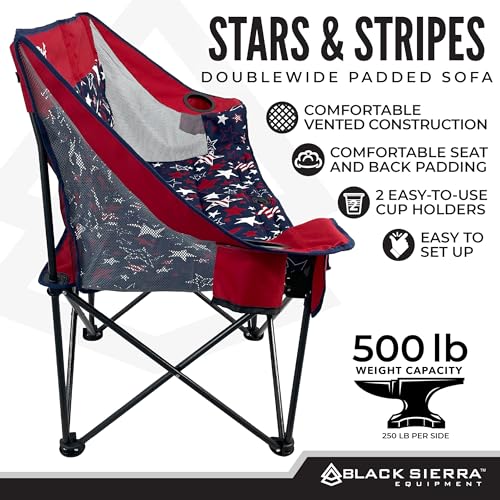 Black Sierra Patriotic Double Camping Chair, Padded Oversized Loveseat, 2 Person Folding Seat, 500 lb Capacity, USA Flag Outdoor Sofa for Beach, Tailgating, RV, Sports, Patio - color: Red Stars and Stripes