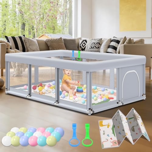 Fshibila 74" ×50" Large Baby Playpen, Baby Playard for Babies and Toddlers, PlayPen for Indoor & Outdoor, Sturdy Safety Play Yard with Soft Breathable Mesh, Ball x 18, Handle x 2, Mat x 1, Grey - color: Grey, size: 74 × 50 IN + Mat&handle&ball