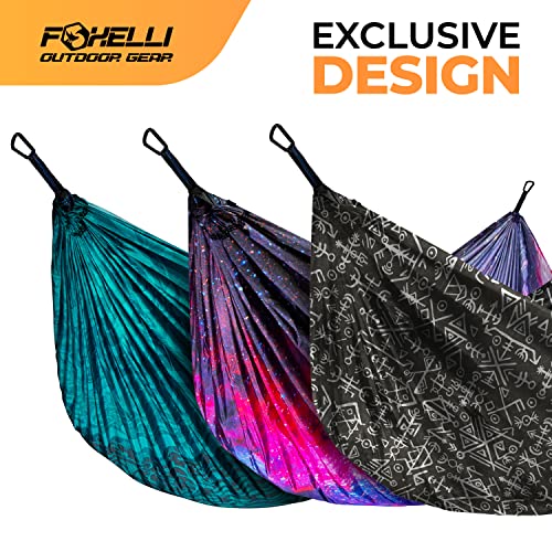 Foxelli Camping Hammock – Ultralight Hammock for Backpacking, Hiking, Festivals, Travel - Easy Setup with Tree-Friendly Ropes & Steel Carabiners, Heavy Duty Parachute Nylon - color: Universe