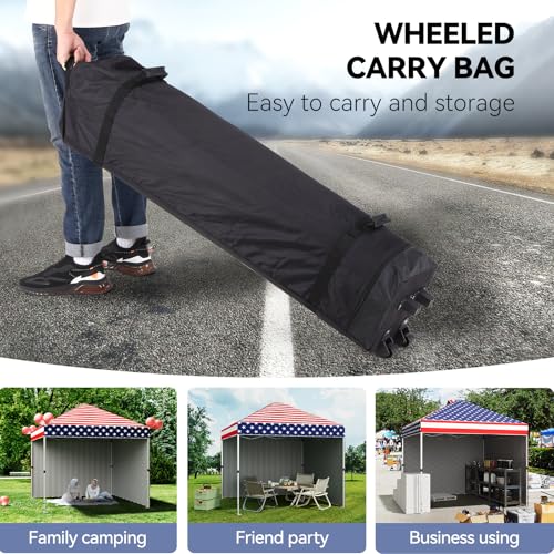 10 x 10 Pop Up Canopy, All Season Instant Canopy with 2 Sidewalls and Vented Roof, Portable Party Tent with Wheeled Carry Bag and Sandbag for Camping, Picnic, Party, Red, White and Blue - color: Flag, size: 2 Side Walls