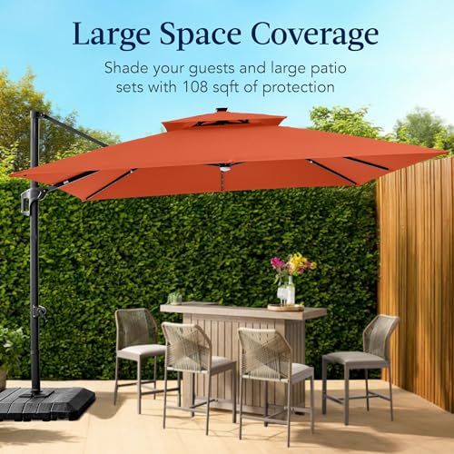 Best Choice Products 9x12ft LED Cantilever Patio Umbrella w/Base Included & 360° Rotation, Large Solar Offset Hanging Outdoor Sun Shade for Deck, Backyard Table w/Stand & Lights – Rust - color: Rust, size: 9x12ft