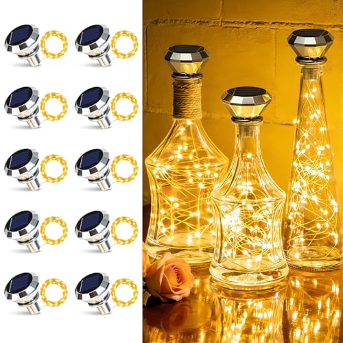 ANGMLN Solar Diamond Shaped Wine Bottle Cork Lights 10 Pack Solar String Fairy Lights Outdoor Waterproof for Wedding Holiday Garden Patio Pathway Bar Concert Indoor Outdoor Decorative (Warm White) - color: Warm White