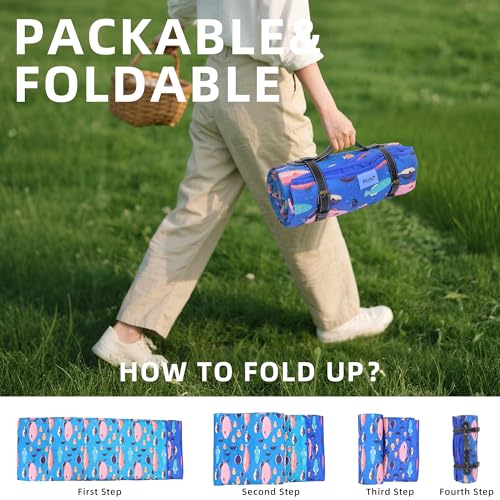 Picnic Blanket, 80x80 Inches, White Fish Pattern, Double Thickened with 150g Cotton, Portable Foldable with Leather Carry Strap - color: Blue Fish, size: 80"x80"