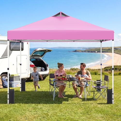 Tangkula 10 x10 Ft Pop Up Canopy with Center Lock, UPF 50+ One-Button Setup Outdoor Canopy Tent with Roller Bag, 4 Sand Bags, Heavy-Duty Steel Frame, 8 Stakes, 4 Ropes for Camping, Picnic (Pink) - color: Pink