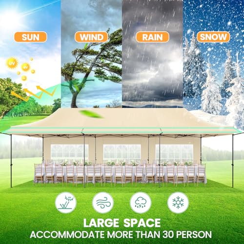 COBIZI 10x30 Pop Up Canopy Tent with Awning & Sidewalls, Heavy Duty Commercial 10X30 Canopy Tents Instant Waterproof, UPF 50+ Sun Shade for Outdoor, Parties, Markets (Khaki) - color: Khaki, size: 10x30FT with 5 Sidewalls & 3 Awning Cloth