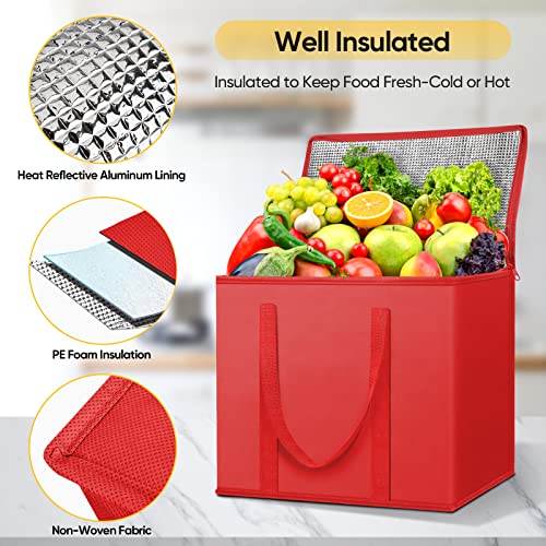 BALEINE 2Pk Insulated Reusable Grocery Bags, Collapsible Cooler Bag for Groceries, Heavy Duty Large Insulated Bag (16''x9''x13'', Bright Red) - color: Bright Red