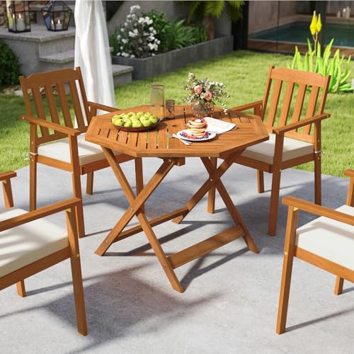 Tangkula 35.5" Octagonal Patio Dining Table, Hardwood Outdoor Bistro Table with Slatted Tabletop, 1.97" Umbrella Hole & Teak Oil Finish, Outside Table for Porch Balcony Deck Poolside Yard - size: 35.5"