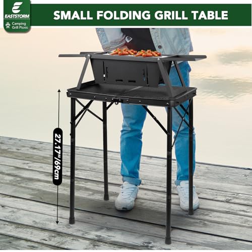 E EASTSTORM Folding Grill Table for Outside, 3 Height Adjustable,Small Camping Table with Black Metal Mesh, Portable Outdoor Table for Picnic BBQ, Garden, Patio, Tailgate & Travel - color: Black