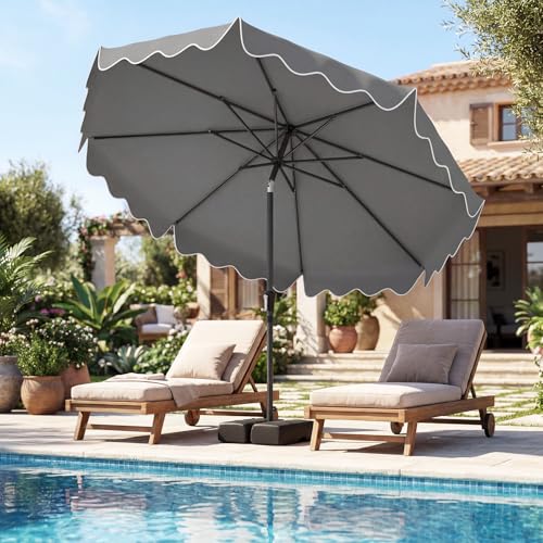 Tangkula 9 FT Patio Umbrella with Base Included, 2-Tiers Outdoor Scalloped Table Umbrella with 2 Sandbags, Tilt Adjustment, Crank, 8 Ribs for Market Backyard Pool Deck Beach Lawn - color: Gray, size: 9 FT