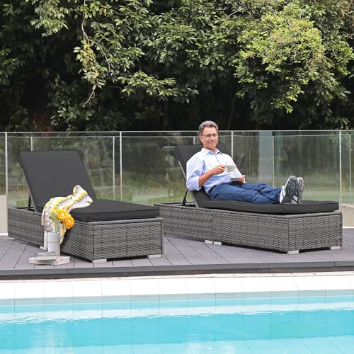 Patiorama Outdoor Patio Chaise Lounge Chair, Elegant Reclining Adjustable Pool Rattan Chaise Lounge Chair with Cushion, Grey PE Wicker, Steel Frame, for Deck, Poolside, Backyard (Dark Grey) - color: Dark Grey