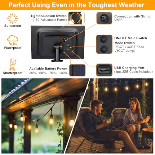 Mlambert 3-Color in 1 Solar String Lights Outdoor Waterproof Dimmable, 48ft Remote LED Patio Lights,15 Hanging Sockets Shatterproof Light for Backyard - color: Black, size: 48FT