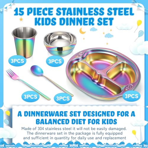 Tioncy 15 Pcs Stainless Steel Kids Dinner Set, 3 Bowls, 3 Balanced Bites Divided Plates, 3 Cups, 3 Spoons and 3 Forks, Stainless Steel Lunch Plates Dinnerware Set for Kids Toddlers(Monkey) - style: Monkey