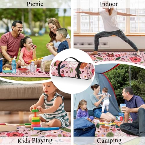 Picnic Blankets Waterproof Foldable Extra Large,80"x 80" Outdoor Beach Blanket Sandproof,3-Layer Lightweight Handy Mat Tote Picnic Camping Rugs for Outside Your Rv (Boho Vintage Floral Pink) - color: Picnic Blankets 13