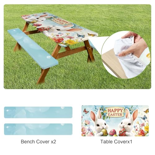 ANNA QUEEN Easter Garden 6FT Picnic Table Cover with Bench Covers Set of 3 with Drawstring Bag, Bunny Eggs Flowers 72"x30" Waterproof Picnic Tablecloth & Bench Covers for Outdoor Dining - color: #62