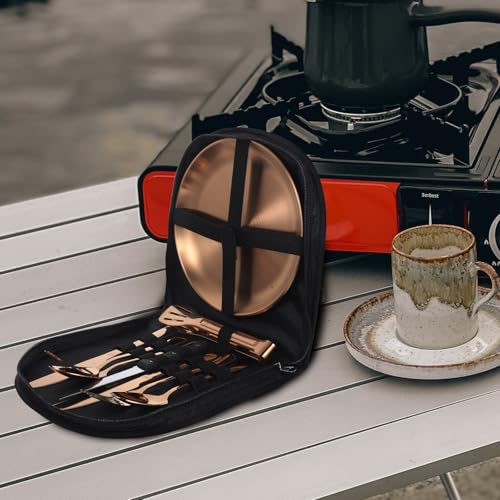 KICHOUSE 10pcs Gold Stainless Steel Outdoor Camping Flatware Set with Portable Storage Bag, Picnic Serving Silverware and Travel Utensils for Hiking and Outdoor Dining
